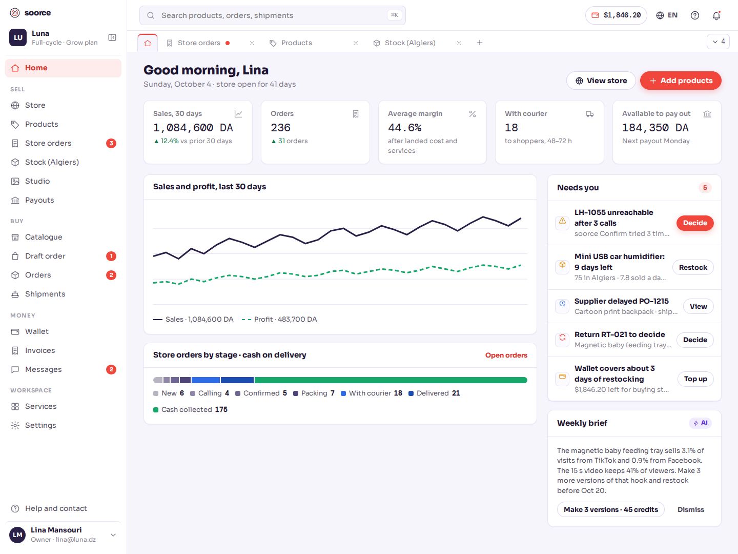 soorce seller dashboard: sales, orders, margin and payouts in DA