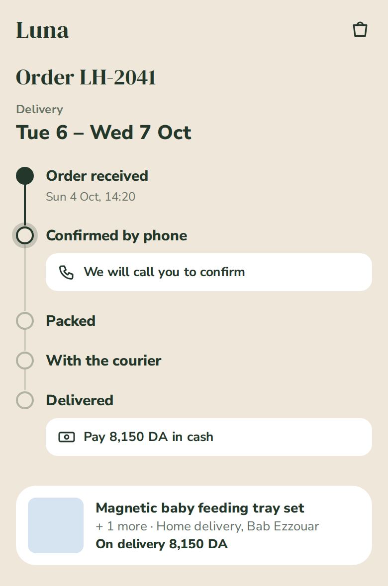 A shopper order tracking page with cash on delivery
